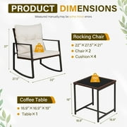 SOLAURA 3-Piece Outdoor Rocking Chairs Set with Table Patio Brown Wicker Bistro Set for Garden, Backyards and Pools, Beige Cushions