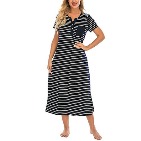 

Lumento Women Long Nightgown Cotton V Neck Sleepwear Short Sleeve Loungewear Navy Blue XXL
