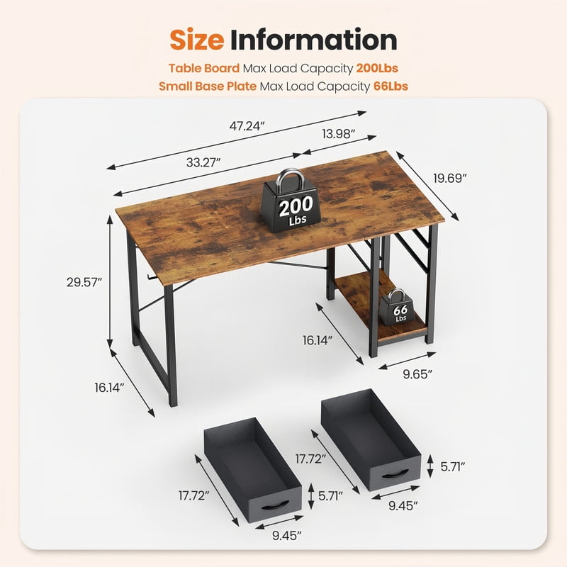 Kelno 47 Inch Computer Desk with 2 Fabric Drawers Home Office Work Table with Side Hook Adjustable Storage Shelf, Rustic Brown