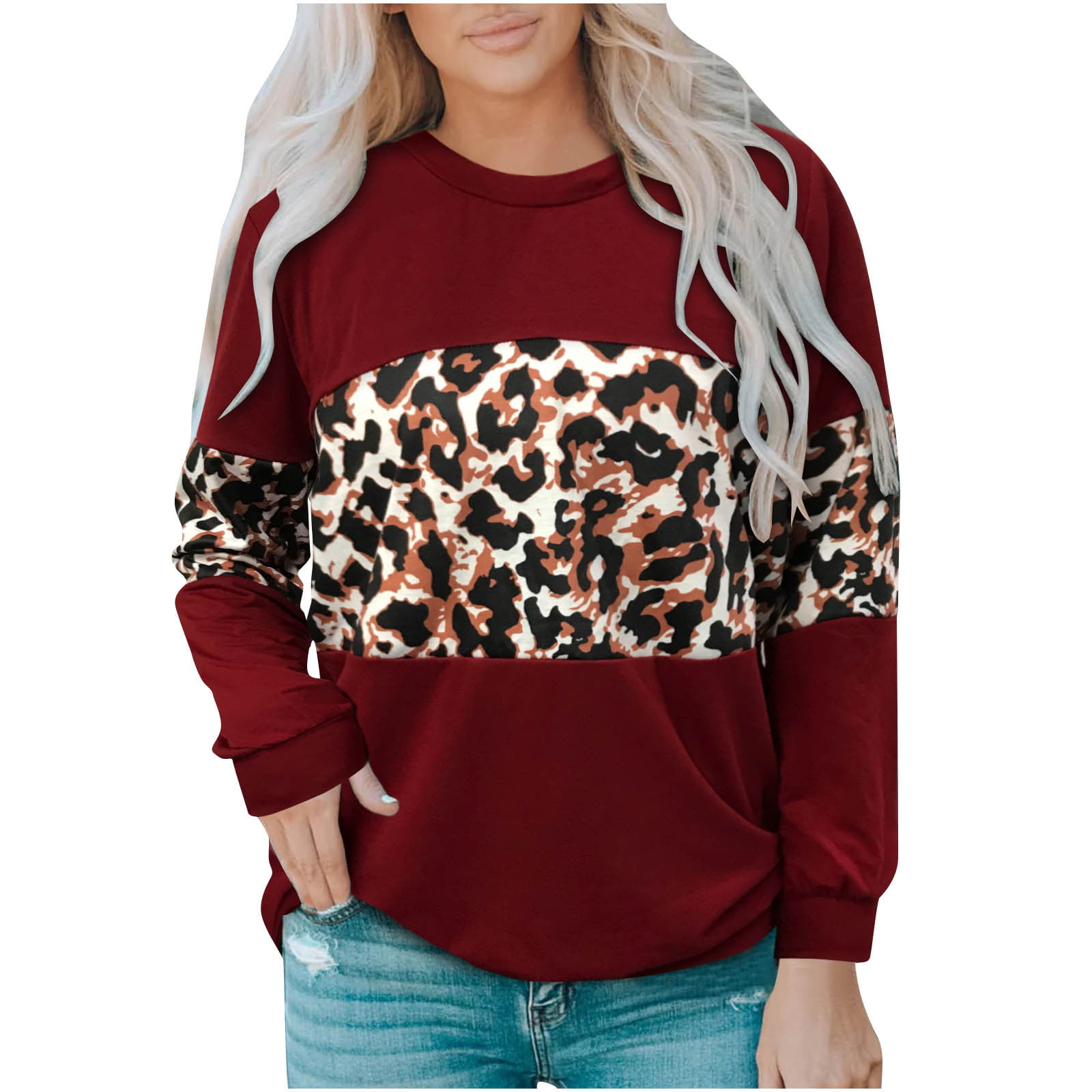 Sweatshirt Leopard for Women Plus Size Long Sleeve Crew Neck Patchwork Tunic  Top Basic Tee Pullover T Shirts Blouse - Walmart.com