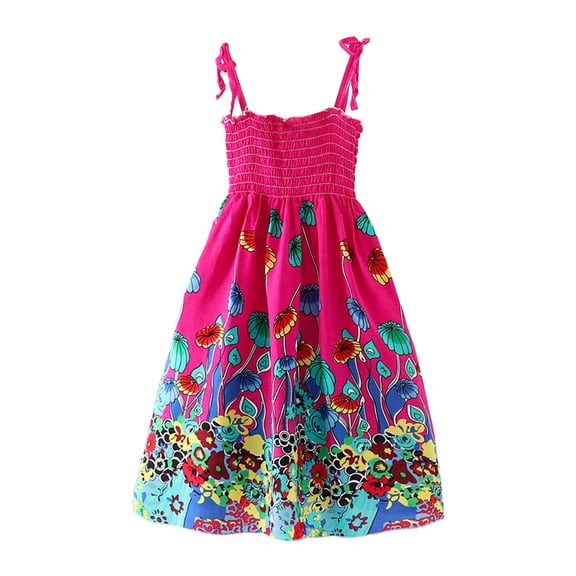 WOYY Toddler Girls Floral Bohemian Dress Sleeveless Strap Smocked Beach Dress, Sizes 2-9