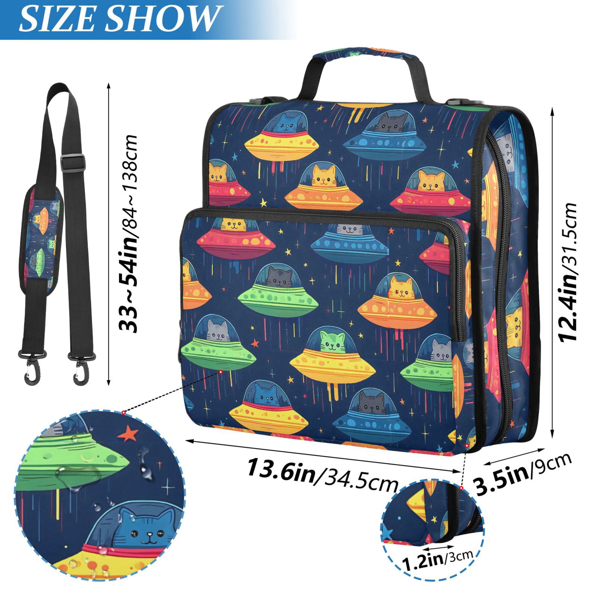 FORMRS Zipper Binder with Shoulder Strap 2-inch Ring 500 Sheet Capacity File Bag, Rainbow Space Cat