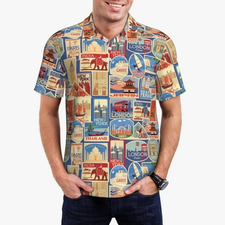 Gaeub Set Of Travel Vintage Print Men s Polo Shirts Short Sleeve Golf Performance Shirts Stretchy Golf Shirts Casual Summer Beach Shirts-XX-Large