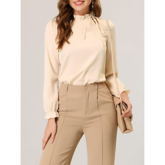 Allegra K Women's Elegant Ruffle Tie Neck Long Sleeve Work Blouse Top