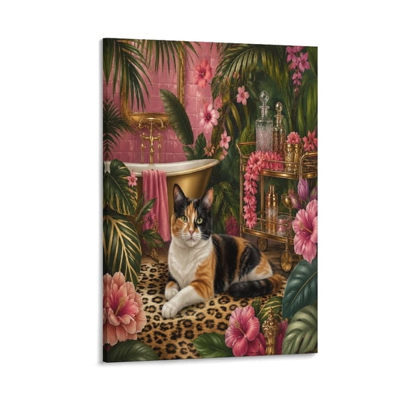 RKSupls Calico Cat On Leopard Print Rug Canvas Wall Art Framed Painting, Modern Home Decor Print for Living Room Bedroom Office Wall Decoration