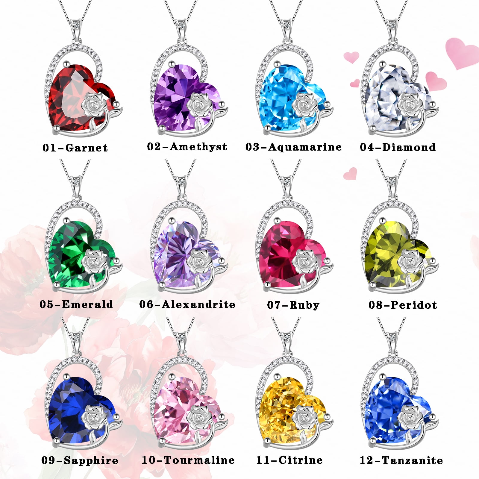 Juwaliy 925 Sterling Silver 15MM Heart Necklace Women March Birthstone Aquamarine Jewelry Blue Topaz Rose Flower Pendant Mother Birthday Valentines Gift for Her