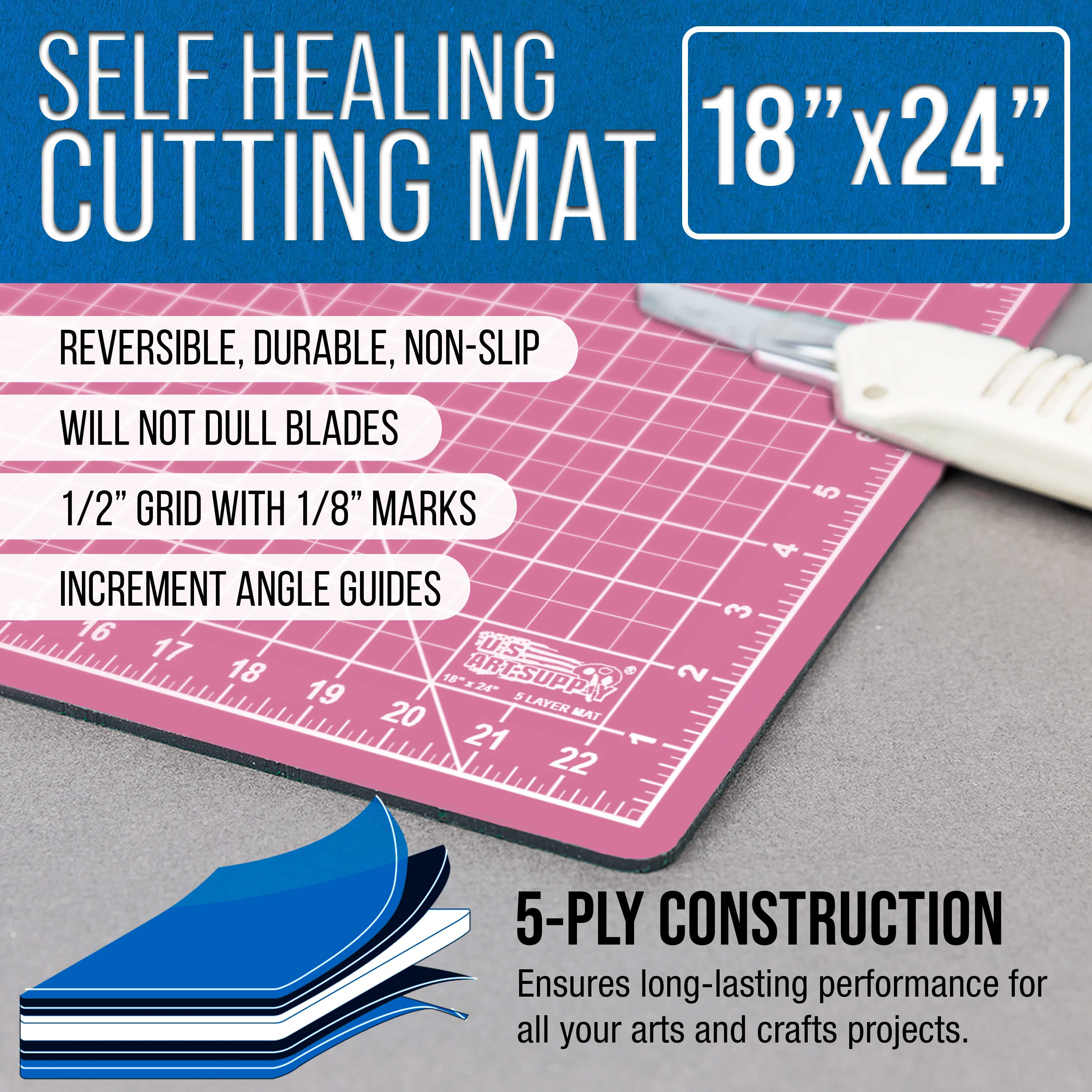 U.S. Art Supply 18" x 24" Self-Healing Cutting Mat 5-Ply - Double-Sided Pink/Blue Craft Mat, Non-Slip Cutting Mats for Crafts, Sewing, Quilting, Scrapbooking