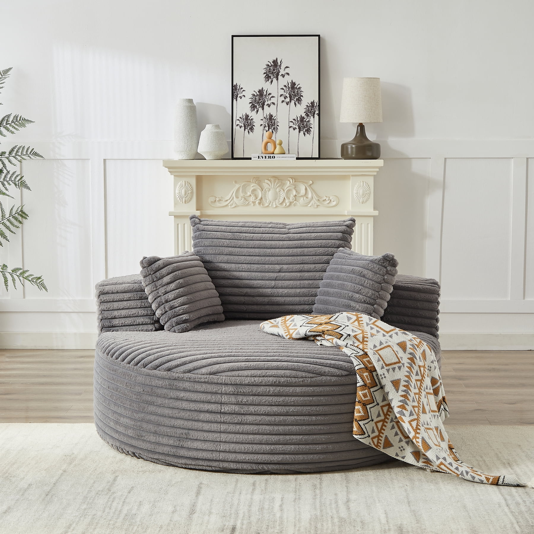 Leumius 55'' Oversized Round Chaise Longue Chair,Upholstered Corduroy Single Cloud Circle Sofa Chair with Deep Seat,Fluffy Modern Sleeper Sofa Bed for Reading,Living Room,Bedroom,