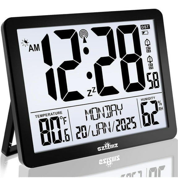 Auto Set Digital Wall Clock With LCD Display - RCC Clock With Backlight, Temperature, Humidity And Date, Digital Calendar Alarm Clock For Elderly, Bedroom, Office, Battery Operated, Black