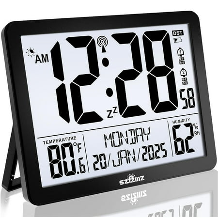 Auto Set Digital Wall Clock With LCD Display - RCC Clock With Backlight, Temperature, Humidity And Date, Digital Calendar Alarm Clock For Elderly, Bedroom, Office, Battery Operated, Black