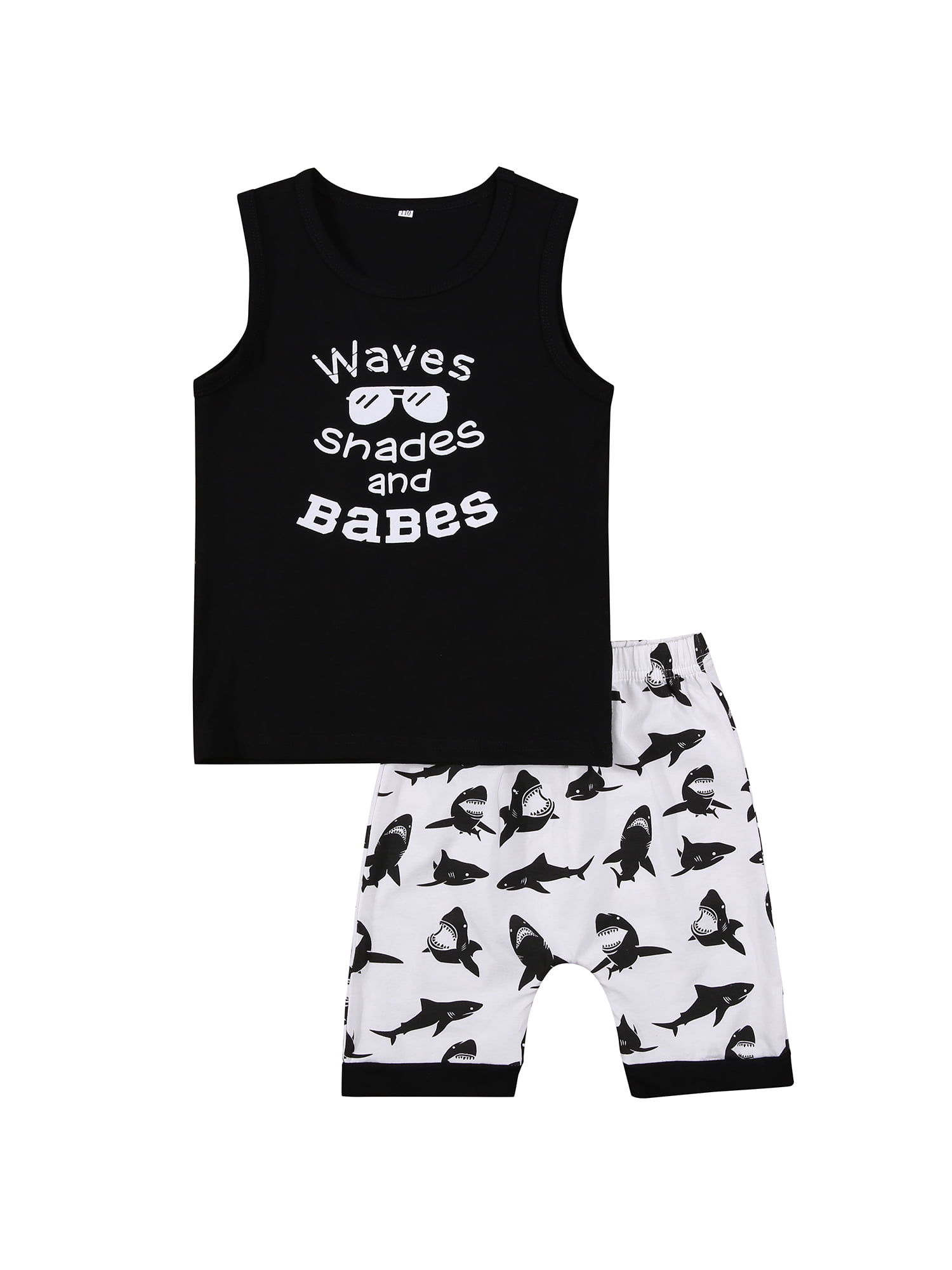 Toddler Baby Boy Clothes Black Sleeveless Shark Tops Summer Vest Wave Short Pants Holiday 2pcs Outfits Set 