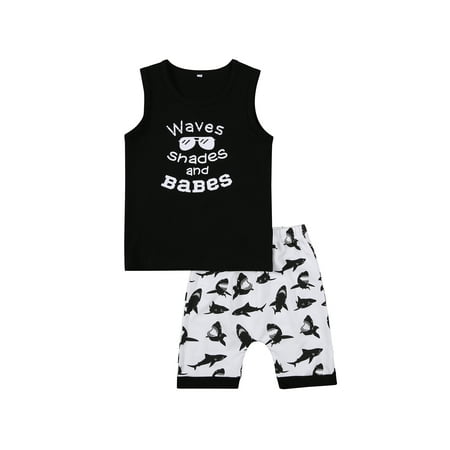 

Emmababy Little Boys Outfit Sleeveless Letter Top+Shark Printing Shorts