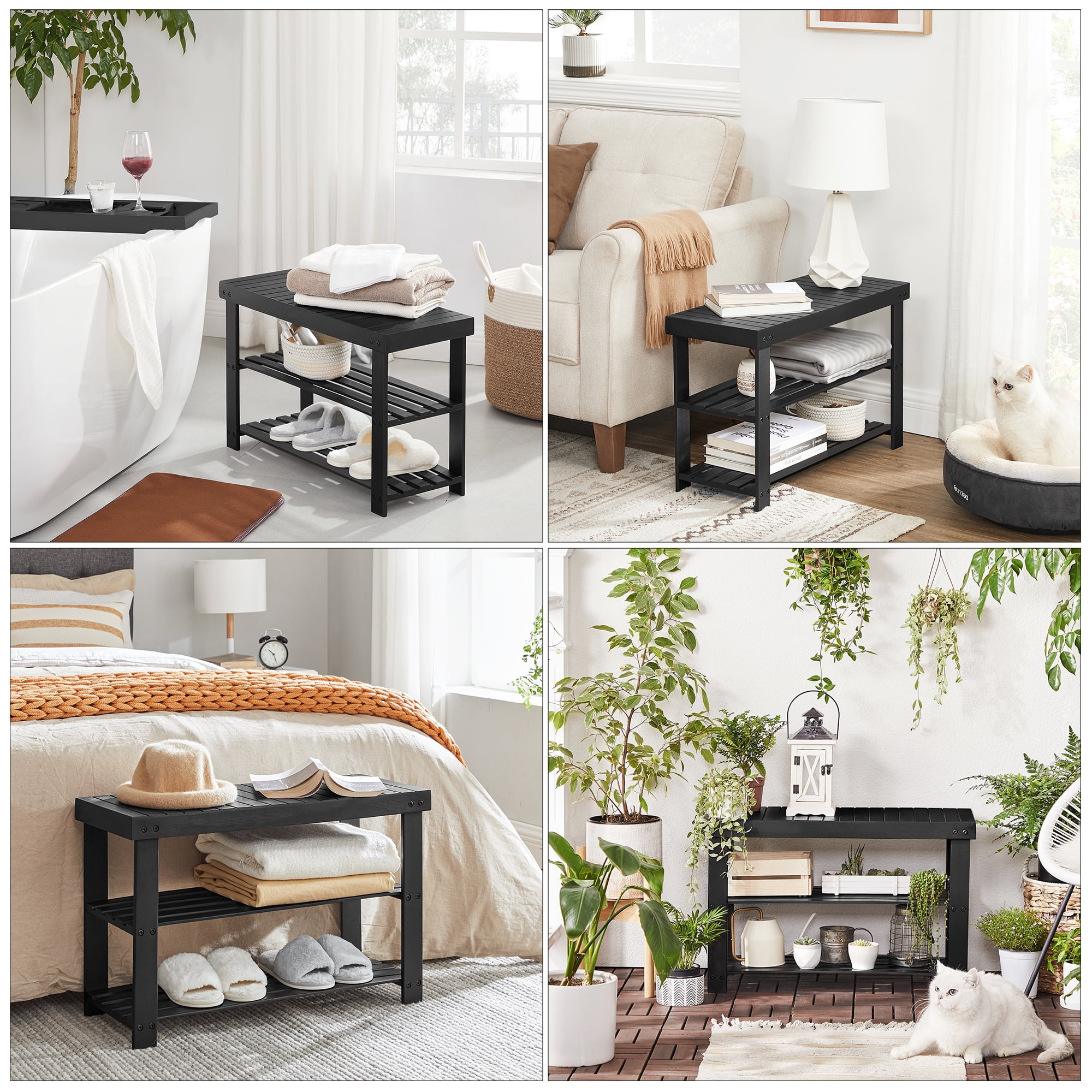 3-Tier Shoe Rack Bench, Hallway Bamboo Organizer, Home Storage Shelf with Holds 286 lb, Black