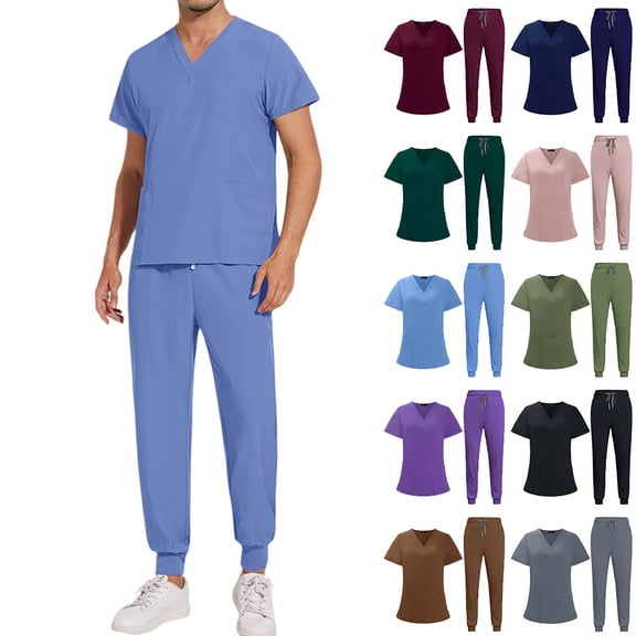 Men's Workwear Scrubs 2-Piece Uniform Set, Solid Color Cross V-Neck Short Sleeve Pocket Tee and Pants, For Medical Nursing Professionals,Black,L