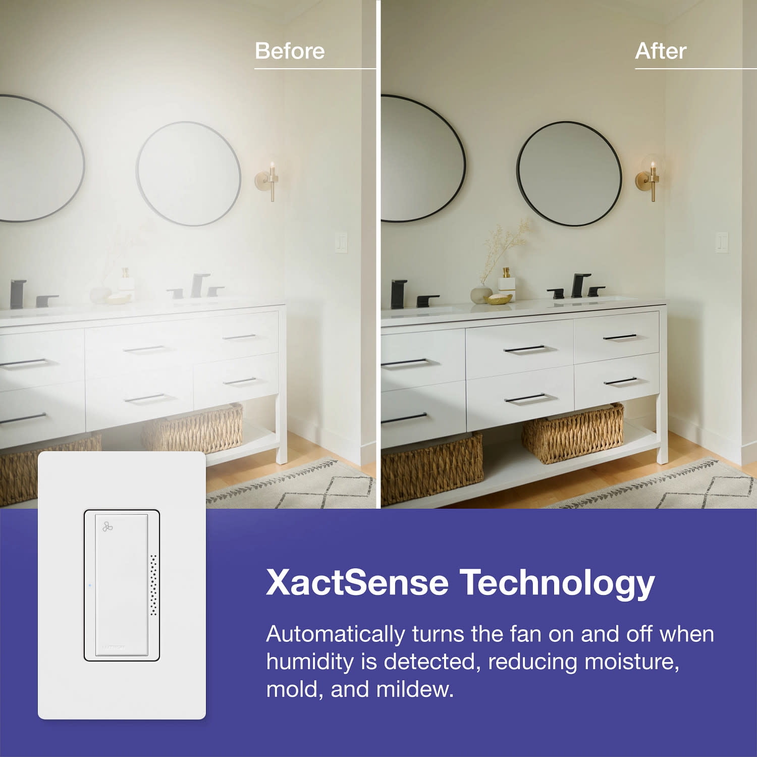 Lutron MS-HS3-WH Maestro Xactsense Humidity Sensor Switch, 3A Fan/Light, Neutral Or Ground