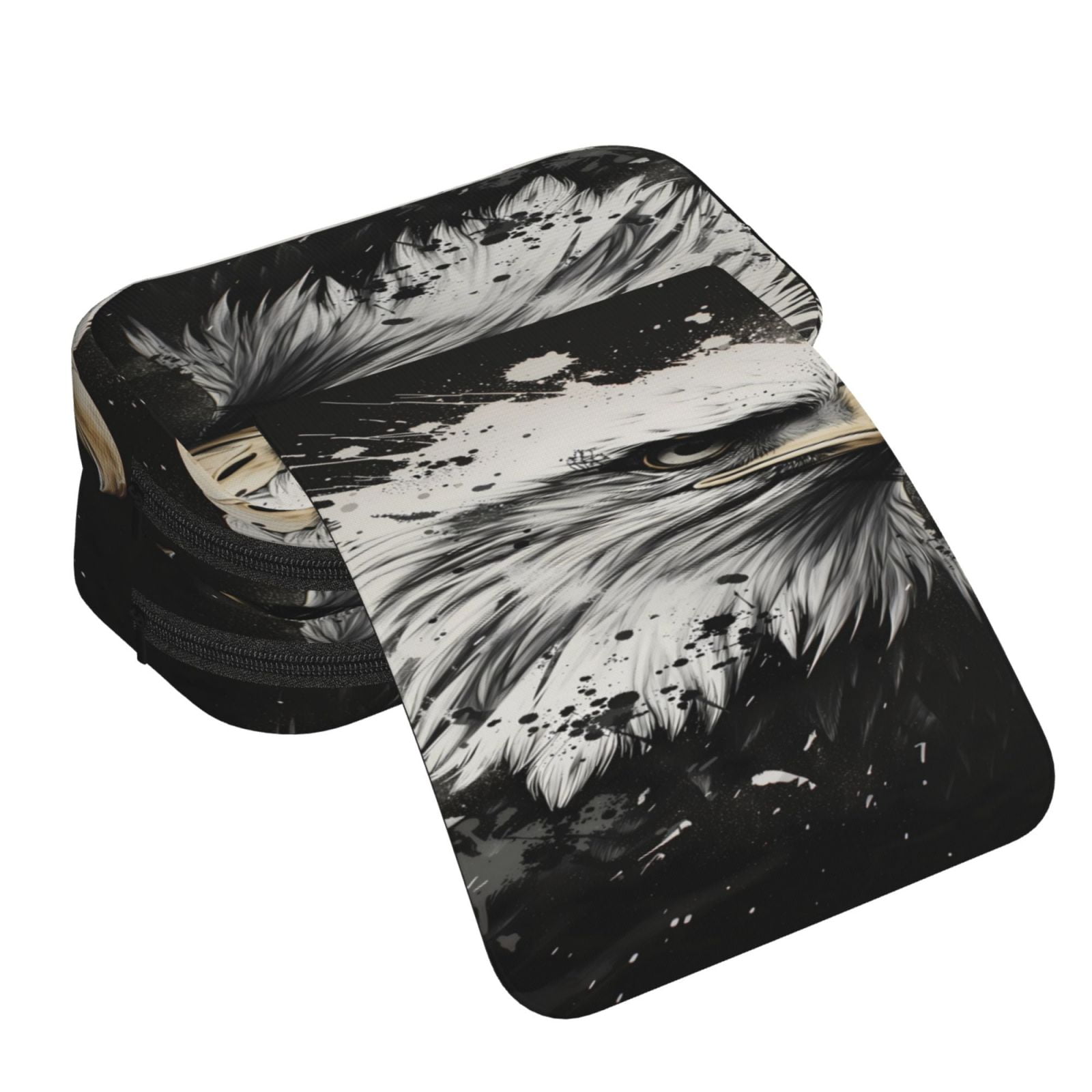 Rateoe Ink Style Bald Eagle Pattern Double Clamshell Pen Case, Storage Organizer with Two Zipper Compartments– Holds Up to 50 Pencils & Pens