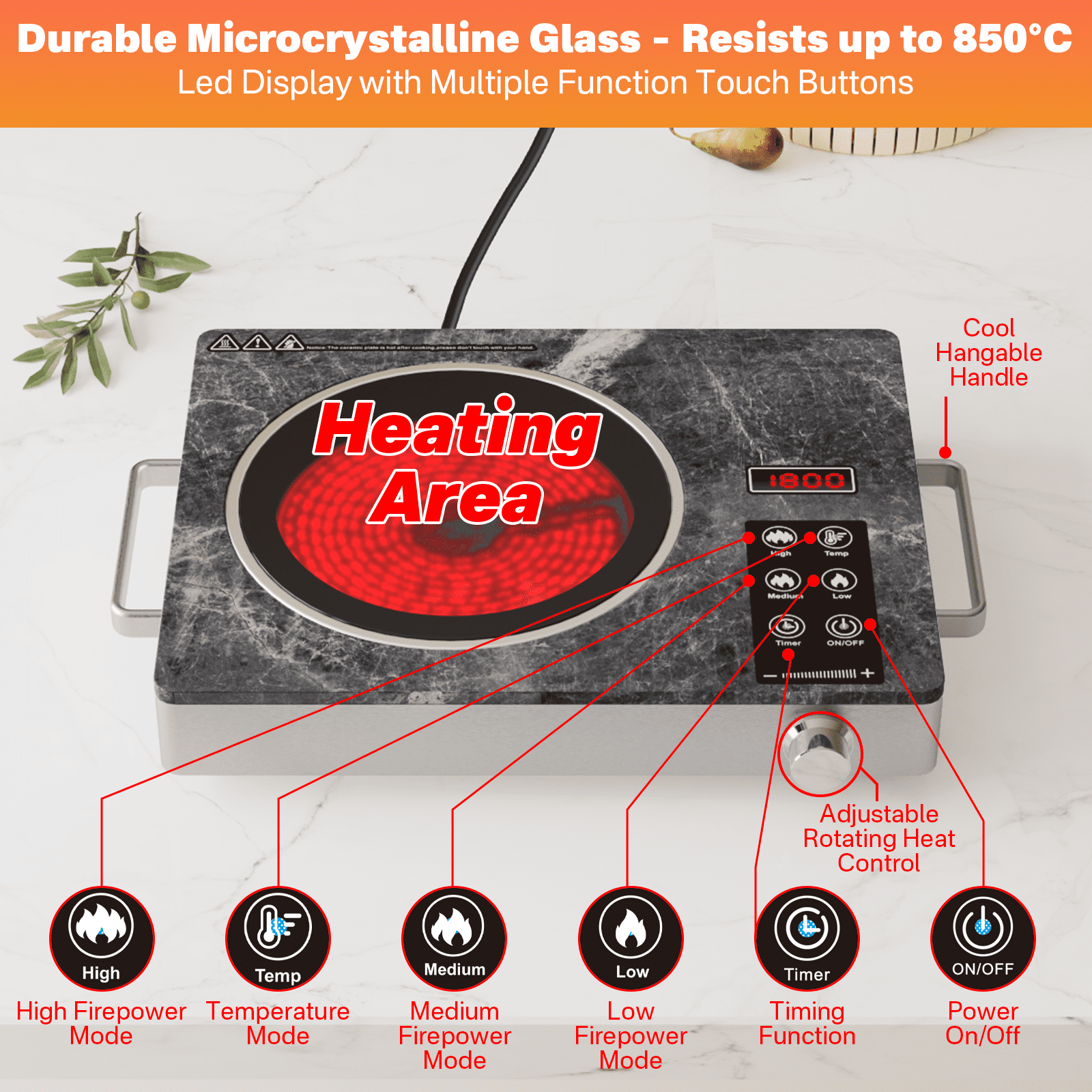 Graceall Portable Hot Plate 1800 Watt, Single Burner Electric Stove 7.87in Infrared Ceramic Cooktop, Cocinas Electricas de Mesa Countertop 1 Eye Burner Stove Electric for Home, Dorm, RV, and Camping
