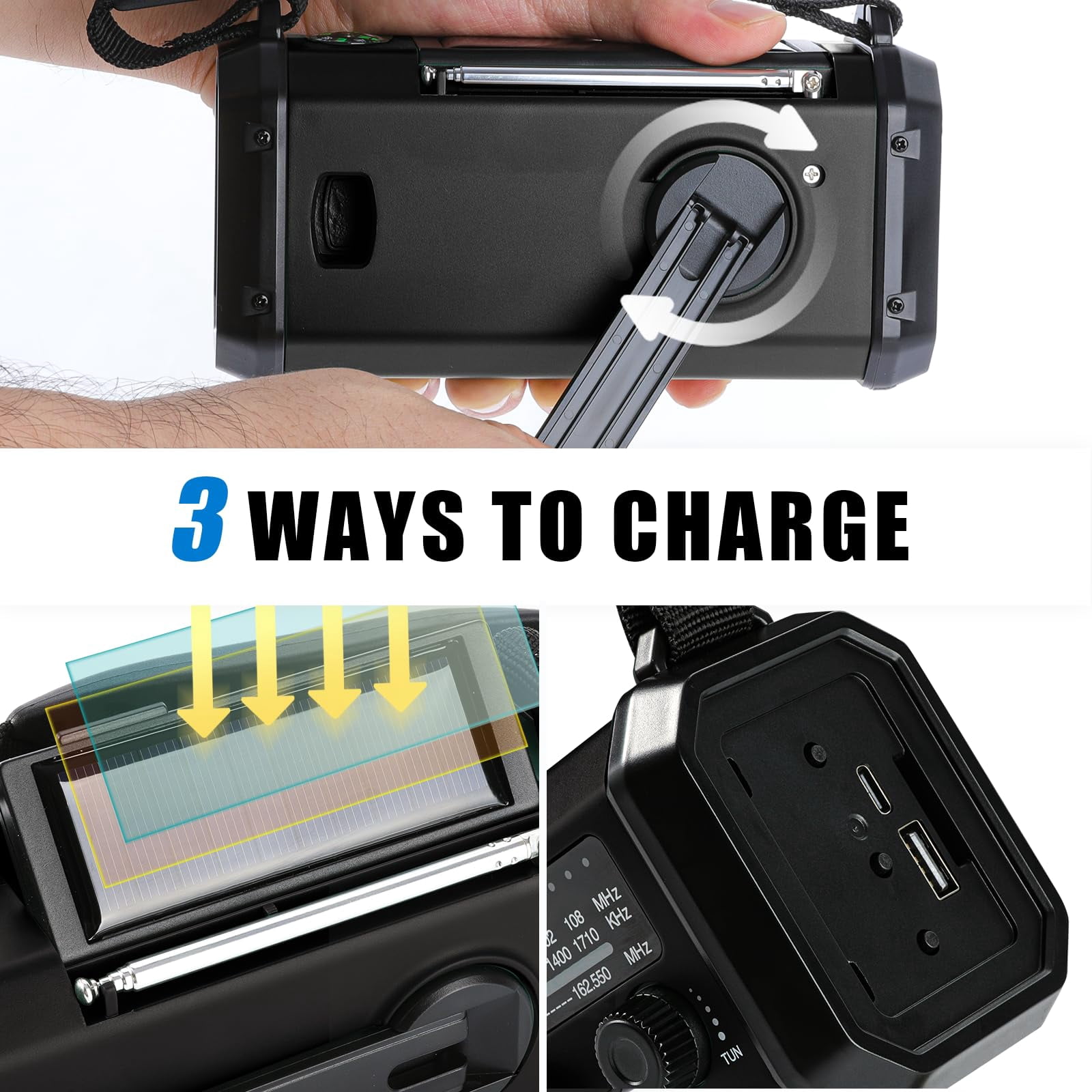 10000mah Emergency Crank Radio Noaa/am/fm Weather  Type-c Charge Solar Charging Sos 3 Modes Led Reading Lamp Compass For Outdoor Survival(black)