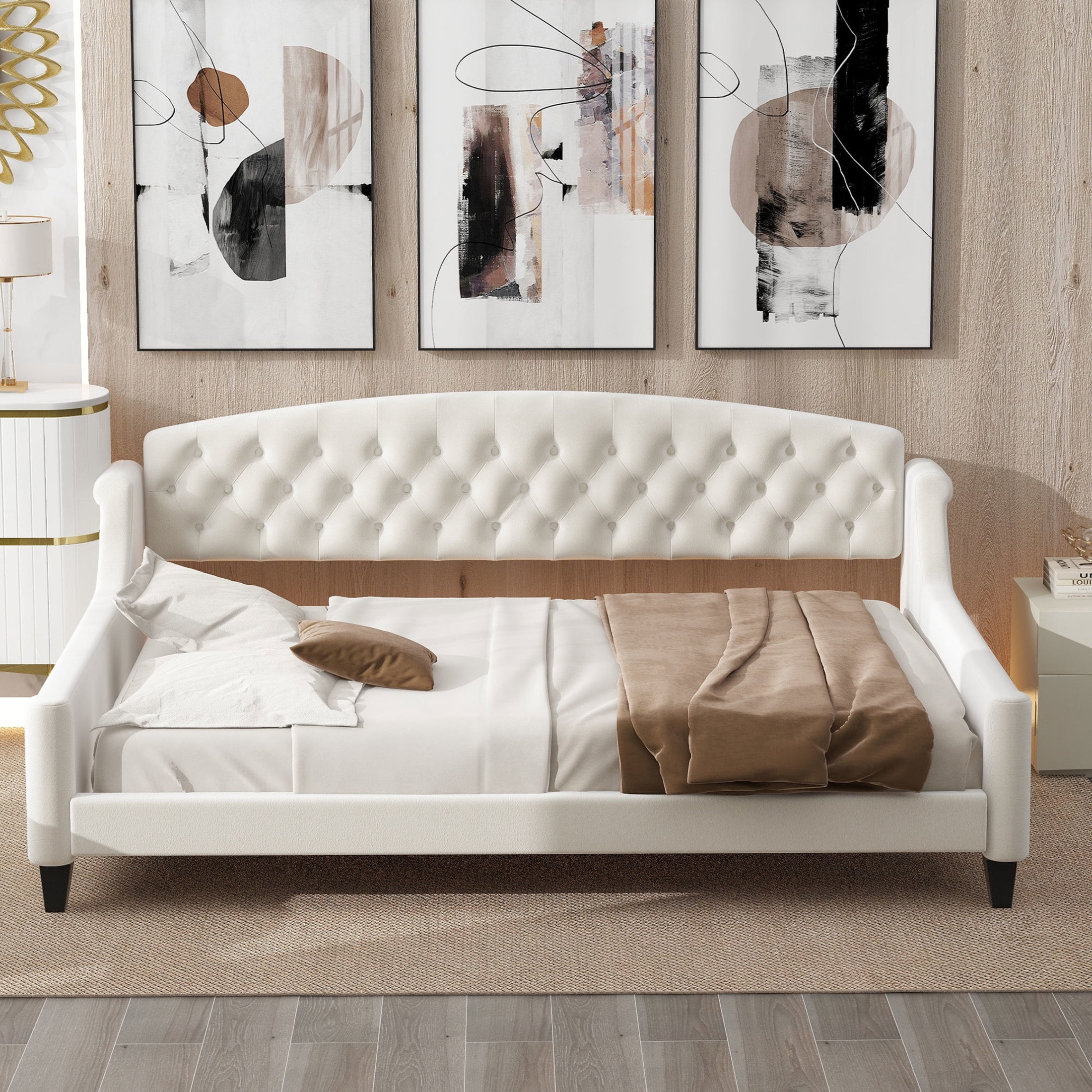 Noble House Sabrina Luxury Full Daybed, Velvet Upholstered Tufted Sofa Bed, Plywood Frame with Piped Edges, Beige