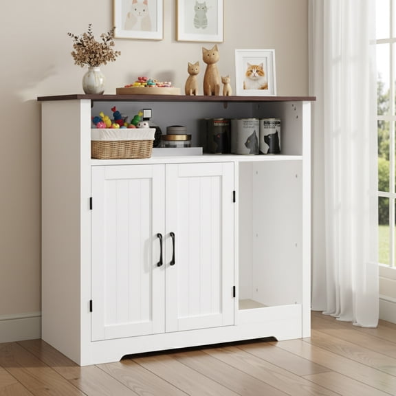 DIYART Large Cat Litter Box Enclosure, Hidden Litter Box Furniture with Scratch Pad and Shelf, Indoor Cats House for Living Room, White