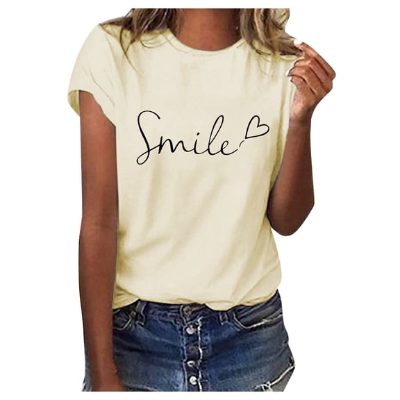 Landzoo Women'S T-Shirt Letter Print Short Sleeve Crew Neck Tops Summer Casual Women Tees Size L Beige