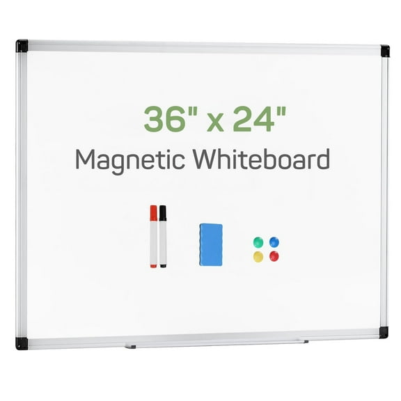 Magnetic Dry Erase Whiteboard 36" x 24", Wall-Mounted White Board with Pen Tray, Markers, Eraser & Magnets, Silver Aluminum Frame for Home Office School