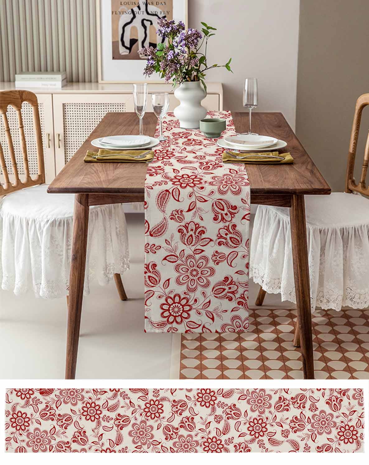 nqOlkjepod Red Flower Table Runner 70 Inches Long Farmhouse Dress Scarves, Farmhouse Pastoral Vintage Ethnic Floral Dining Tablerunner for Coffee Table/Kitchen Island/Party Décor, 13" x 70"