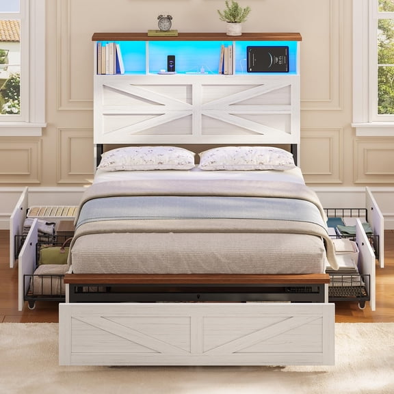 Twin Bed Frames with 5 Drawers, Farmhouse Bed Frame with Barn Door Headboard and Storage, Wood Platform Bed Frame Twin Size with Charging Station and LED Lights, No Box Spring Needed, White