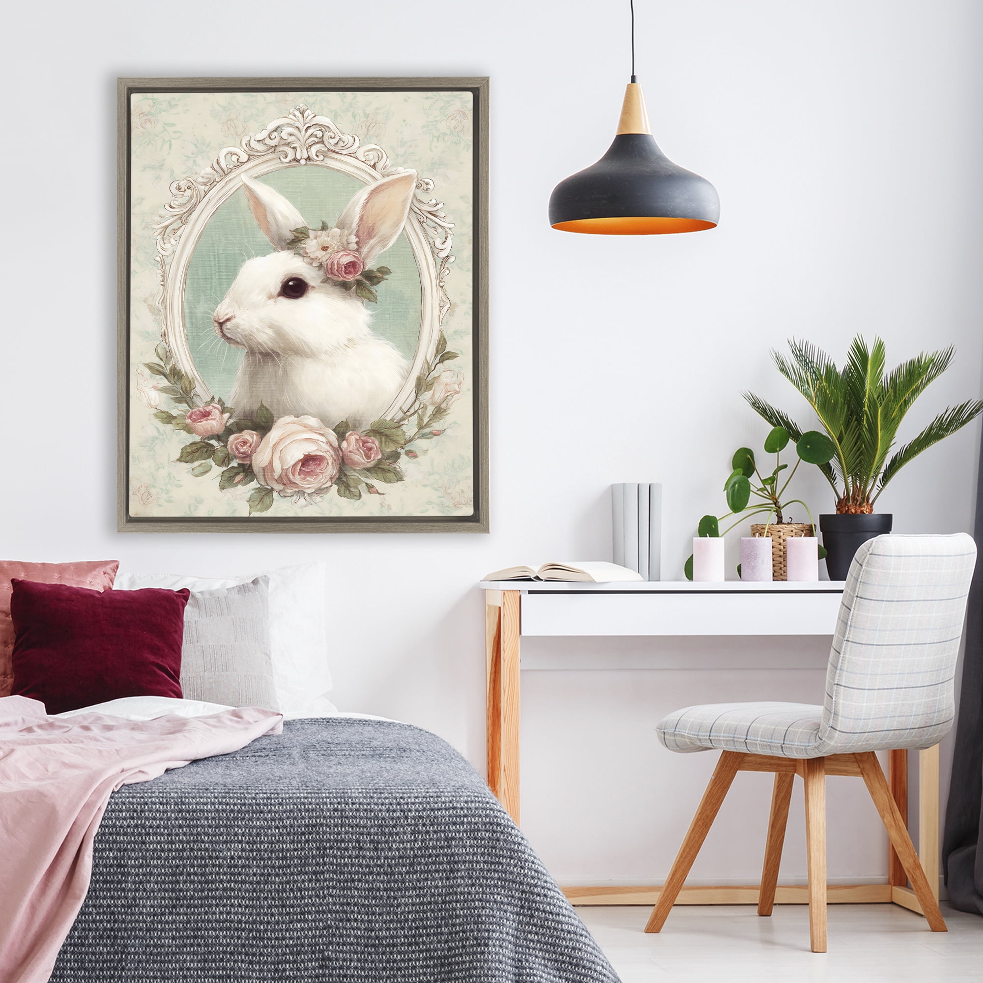Stupell Industries Flower Fringed Bunny Portrait Brown Framed Floater Canvas Wall Art, design by Ink Drop Loft