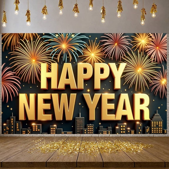Golden Letters Happy New Year Banner Fireworks Design New Year Display Festive Sparkling Elements Festive Backdrop for New Year Party NYE Celebration Holiday Gathering