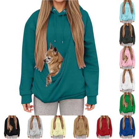 XAOFW Cozy Winter Hoodies For Women Long Sleeve Hooded Sweatshirt Loose Fit Pullover Hoodies With Large Pet Pouch Versatile Tops XL