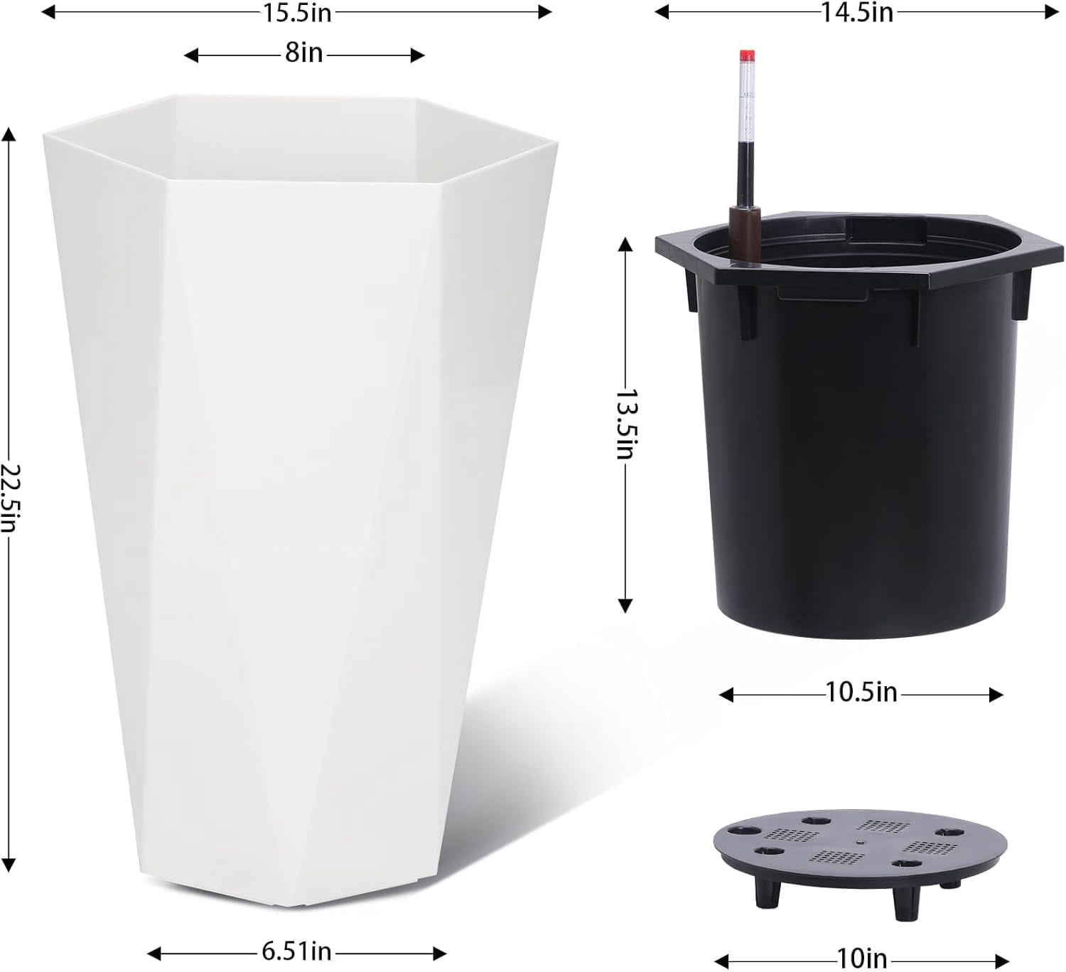 QinaQin 2PC 22.4Inch Self Watering Planters,Tall Diamond Plastic Flower Pots with Inner Bucket,Trays & Water Level Monitor,Indoor Outdoor Planters for Indoor Outdoor,White