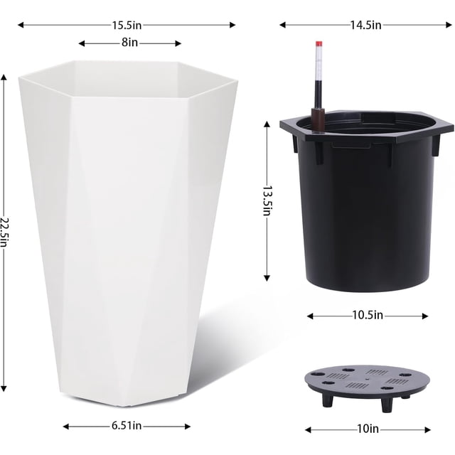 OUYAWEI 2PC 22.4in Self Watering Planters Tall Diamond Plastic Inner Bucket Trays Water Level Monitor White