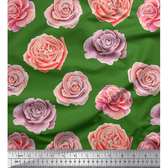 Soimoi Green Cotton Duck Fabric Rose Floral Printed Fabric 1 Yard 42 Inch Wide