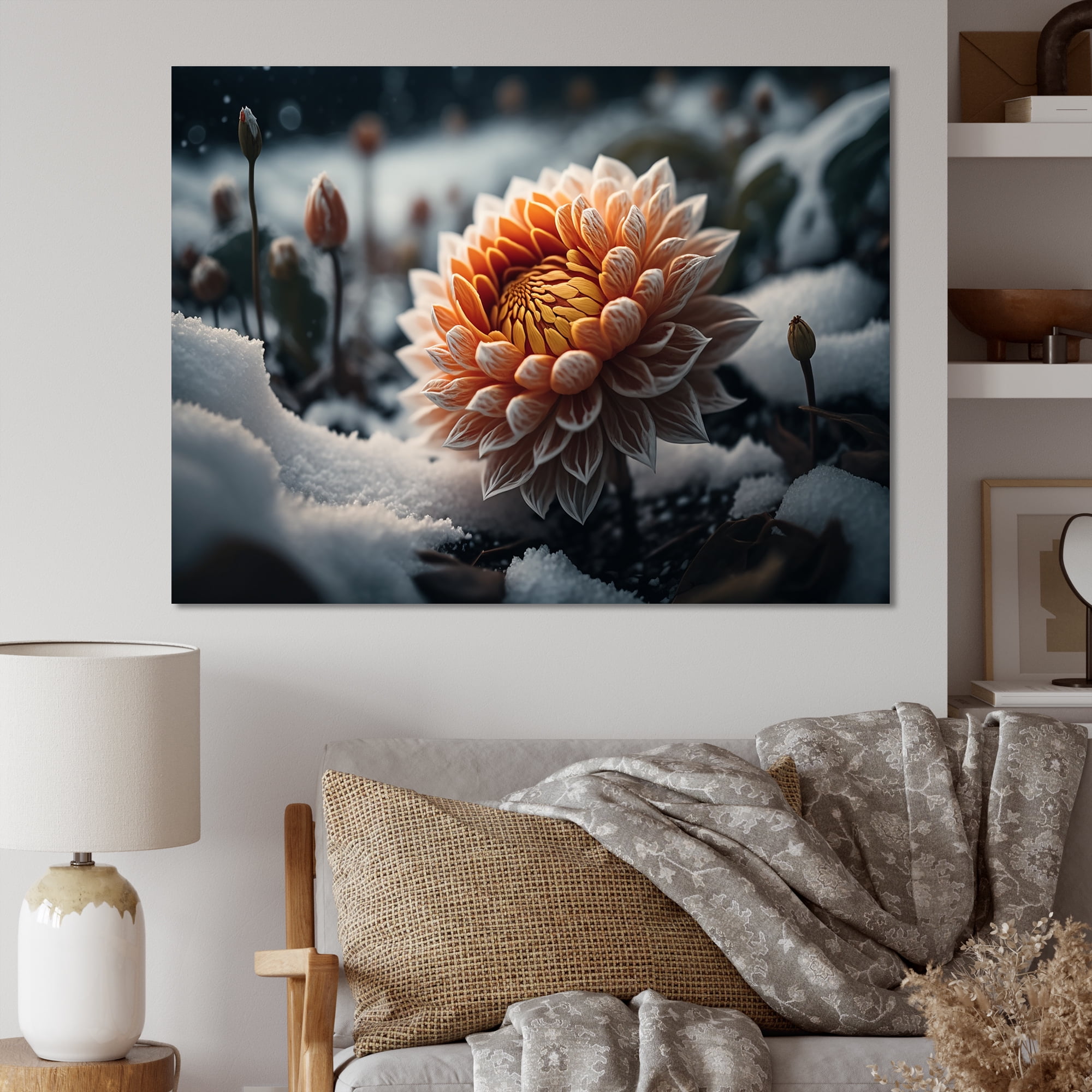 Designart A Blooming Orange Dahlia Flower In Winter III Canvas Wall Art