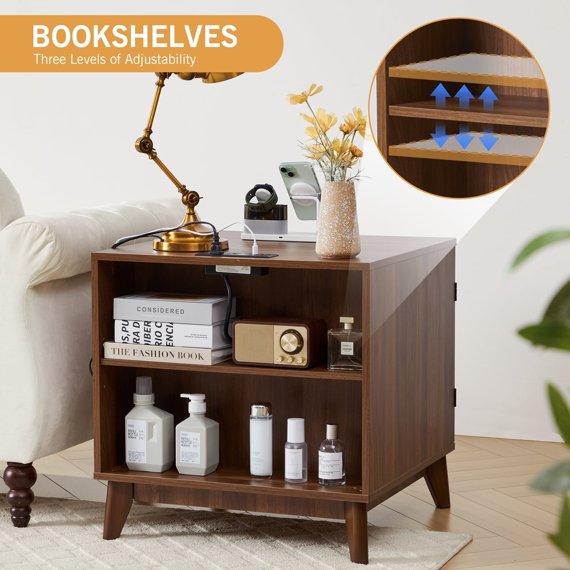 YOCWO Fluted Square Nightstand with Charging Station for Bedroom, Wood End Table with 2 Door for Living Room, Walnut