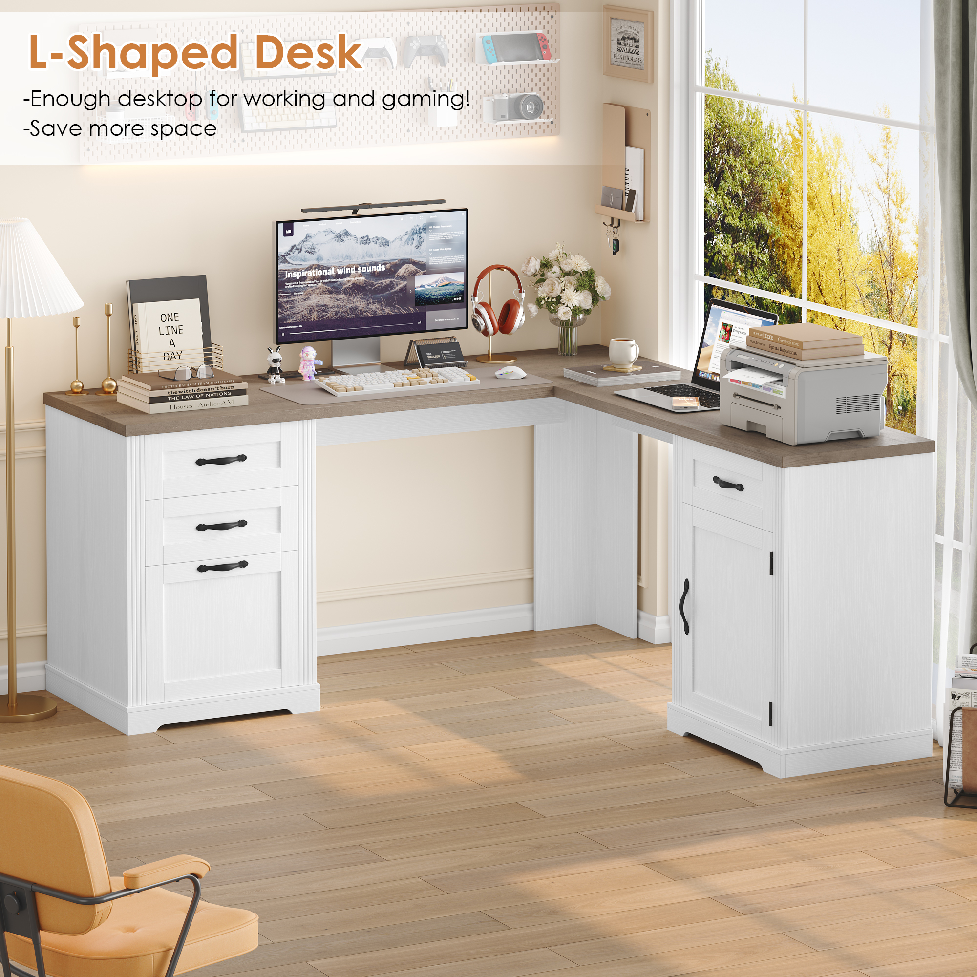 Homfa 59.8‘’W L-Shaped Computer Desk with 4 Drawers and Outlets, Modern White Study Writing Table Desk for Home Office，White