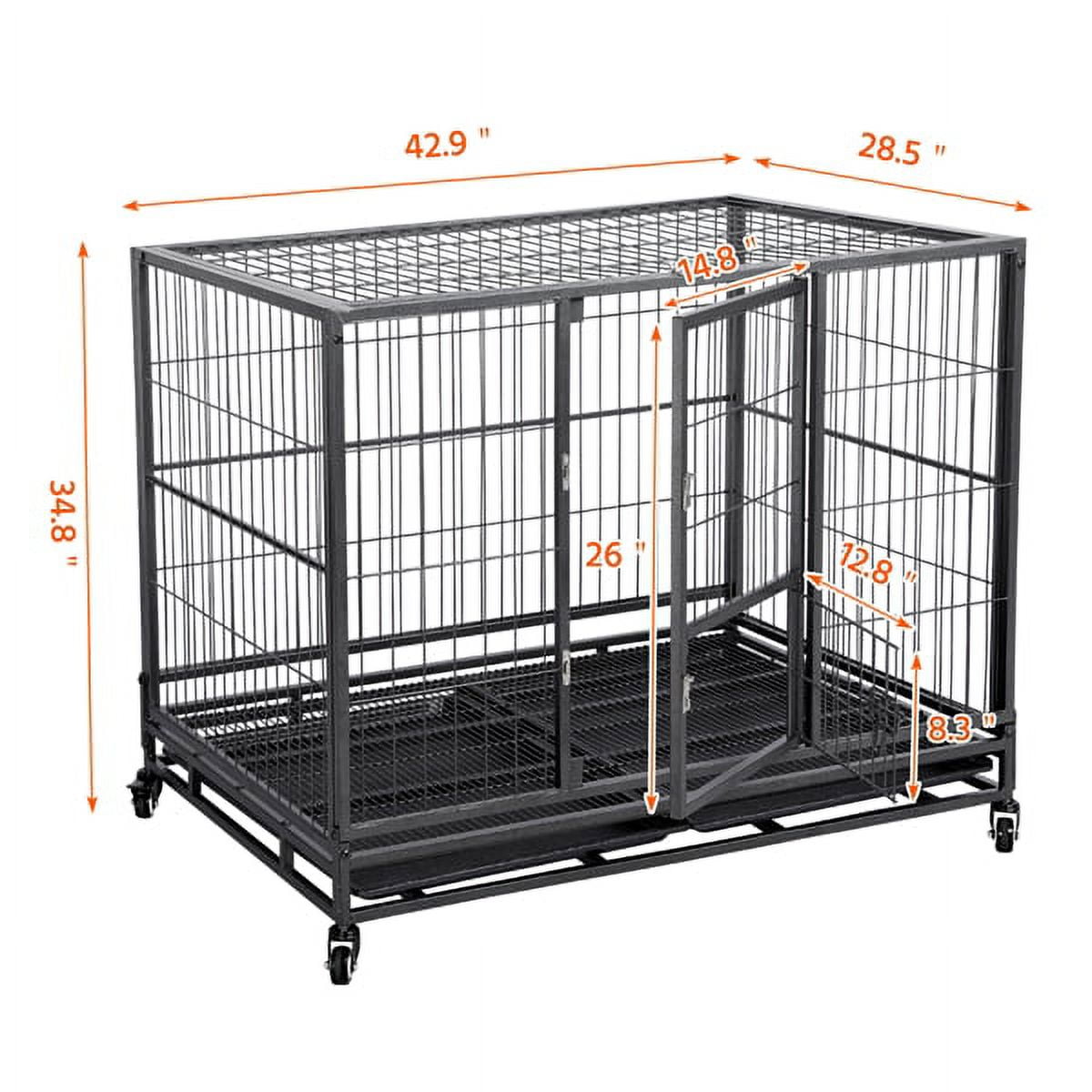 43'' Rolling Dog Crate Metal Large Dog Cage Kennel Feeding Door w/Tray Black