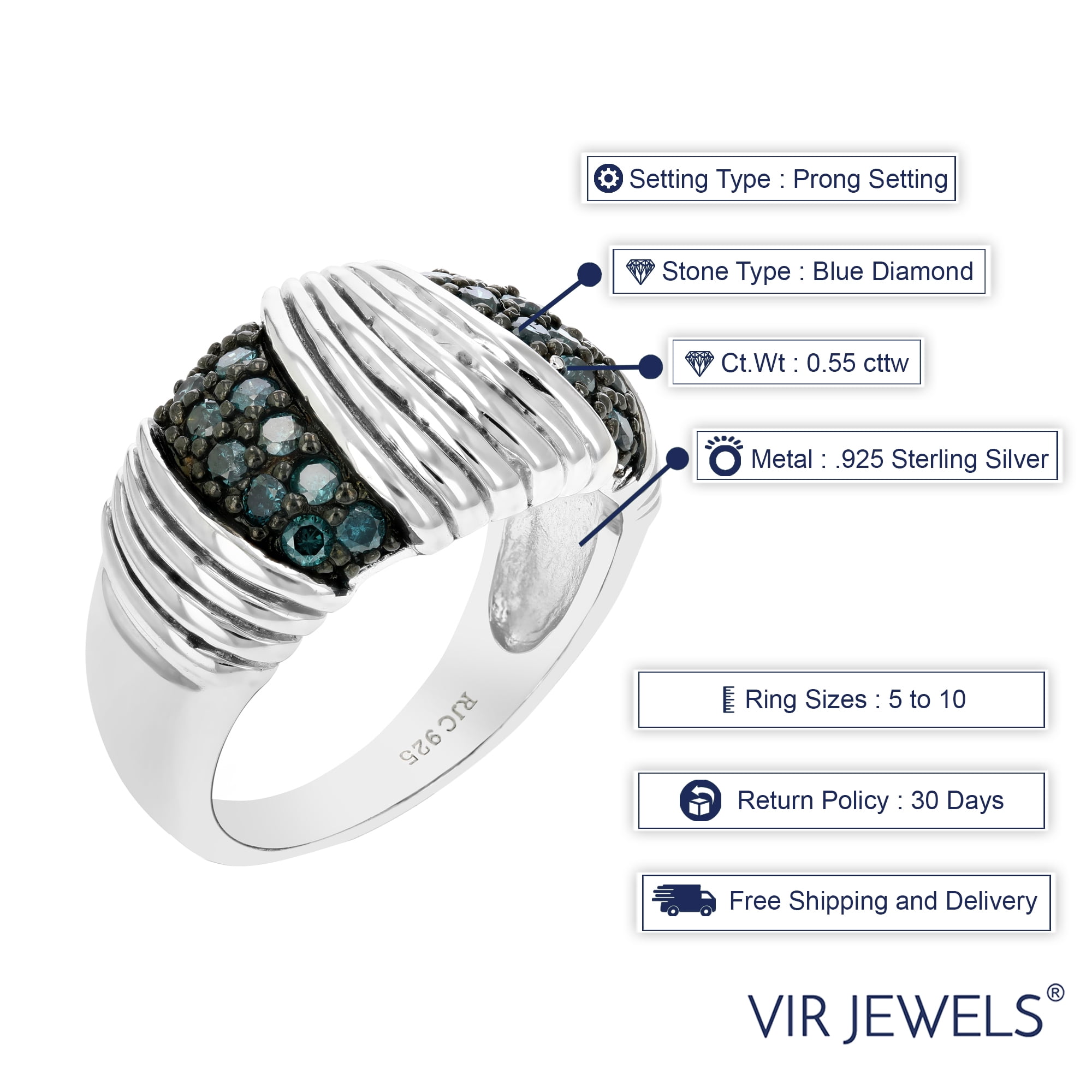 Vir Jewels 0.55 CTTW Blue Diamond Ring .925 Sterling Silver with Rhodium Plating Size 7 Female Adult