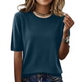 thumbnail image 2 of Women's Casual Crew Neck Short Sleeve Knit Sweater Solid Color Soft Lightweight Everyday Pullover Top Dark Blue 2XL, 2 of 5