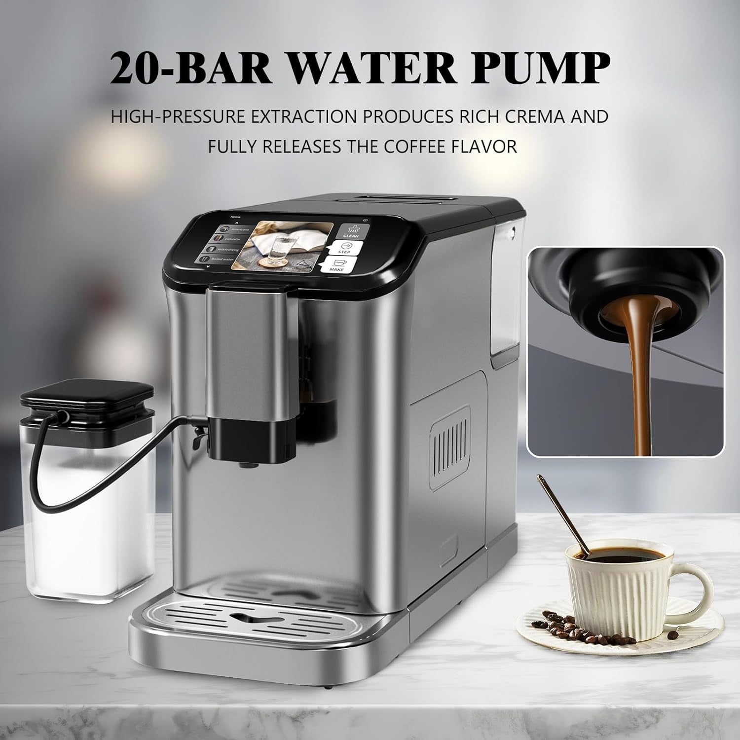 Acekid Fully Automatic Espresso Machine Coffee Maker, 20 Bar Milk System, 7 Coffee Varieties, Intuitive Touch Display, Auto Clean Filter
