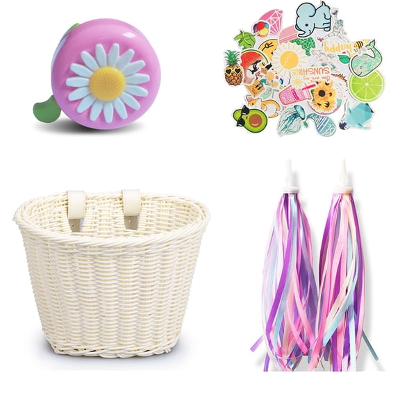 4pcs/Set Rattan Bike Basket Front for Boys and Girls, Bicycle Basket with Tassel Stickers Bike Bell, Front Bike Accessories