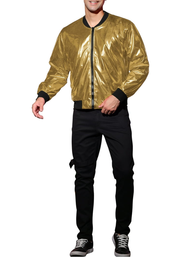 INSPIRE CHIC Men's Metallic Jacket Zip Up Disco Party Shiny