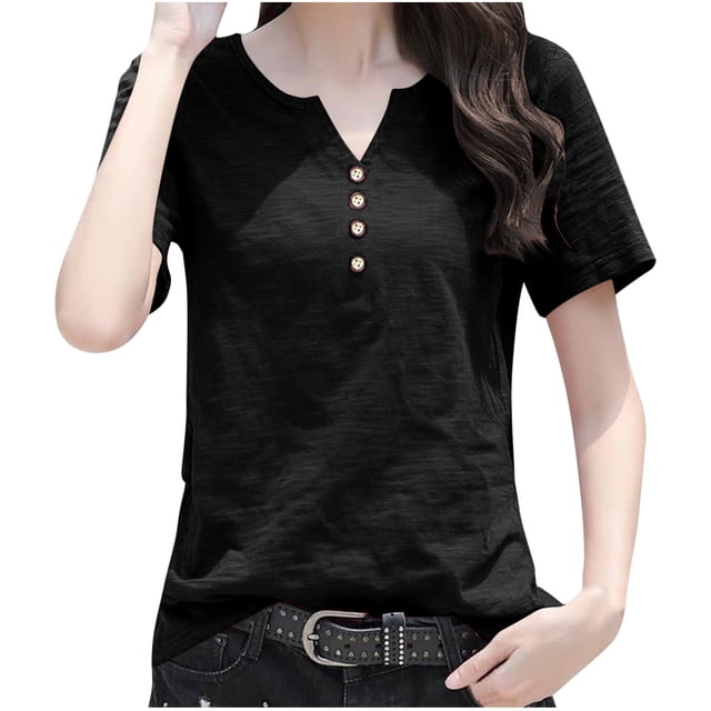 Kaemgyyd Womens Tops Notch V Neck Short Sleeve Summer Tops Plus Size Button up Solid Color Beach Vaction Clothes