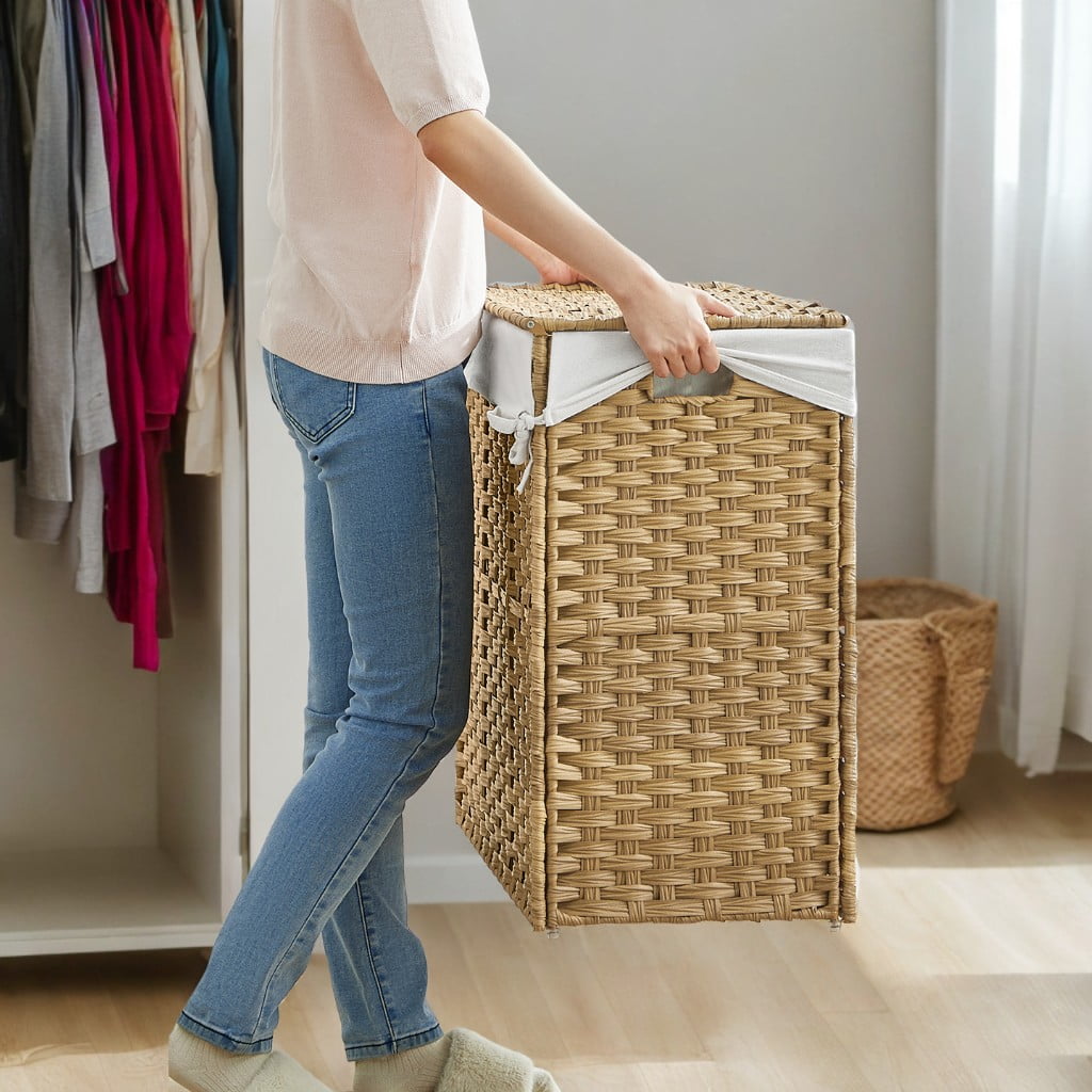 140L (37 Gallon) Rolling Laundry Hamper with Lid, 3-Section Synthetic Rattan Laundry Basket Storage with Removable Liner, 26x13x26 Inches