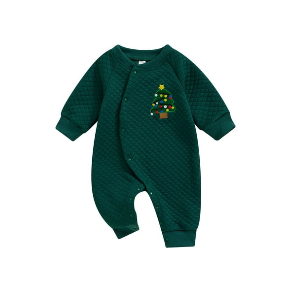 Lesimsam Baby Girls Boys 0M 3M 6M Christmas Jumpsuit Long Sleeve Crewneck Playwear Elk/Christmas Tree/Santa Claus Embroidery Romper Newborn Infant Clothing