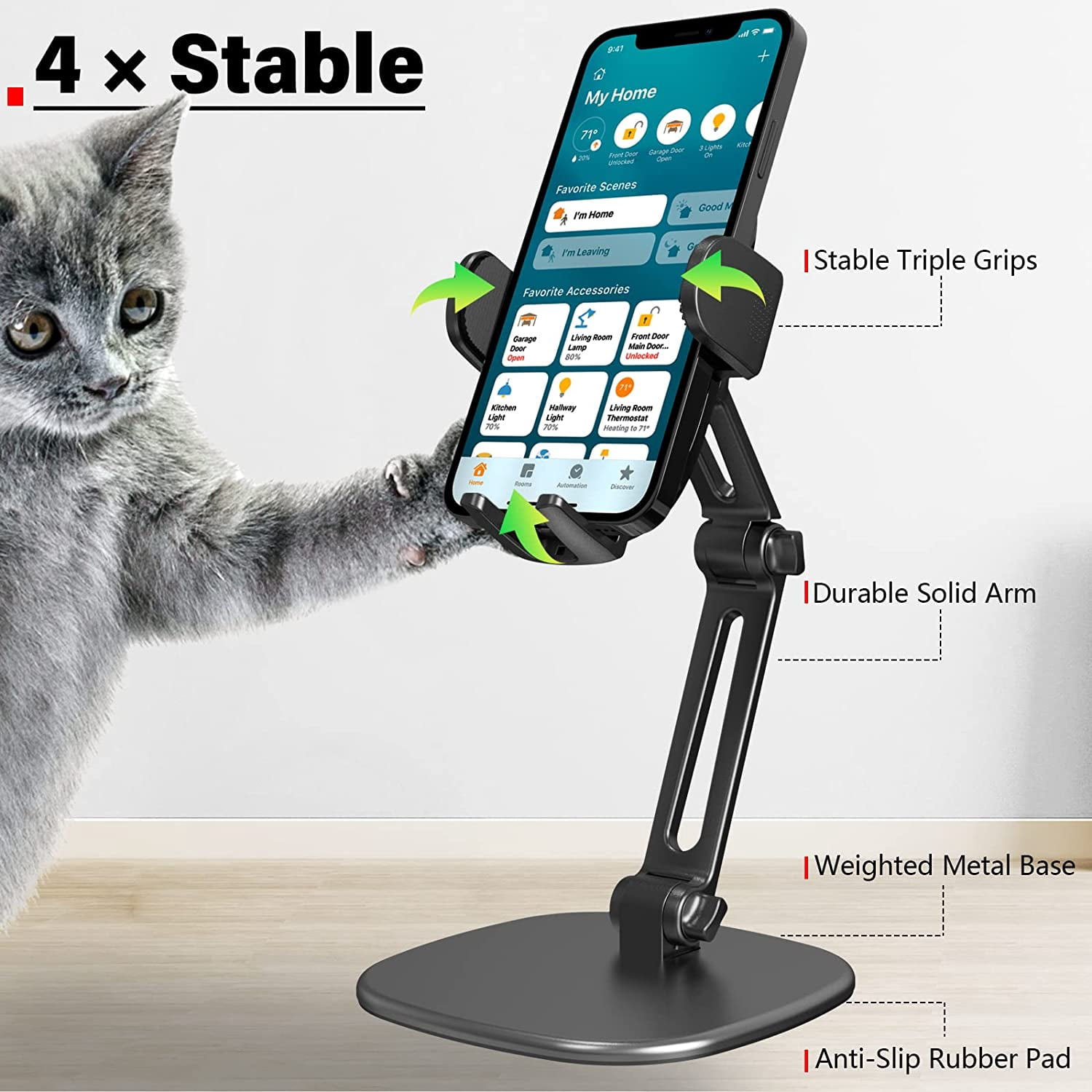 Phone Stand for Desk [No Dropping Stable Triple-Clamp Holder] Adjustable Height 360 Degree Rotation Heavy Base Thick Case Friendly, Multifunctional Cell Phones Stand for iPhone Android Phones