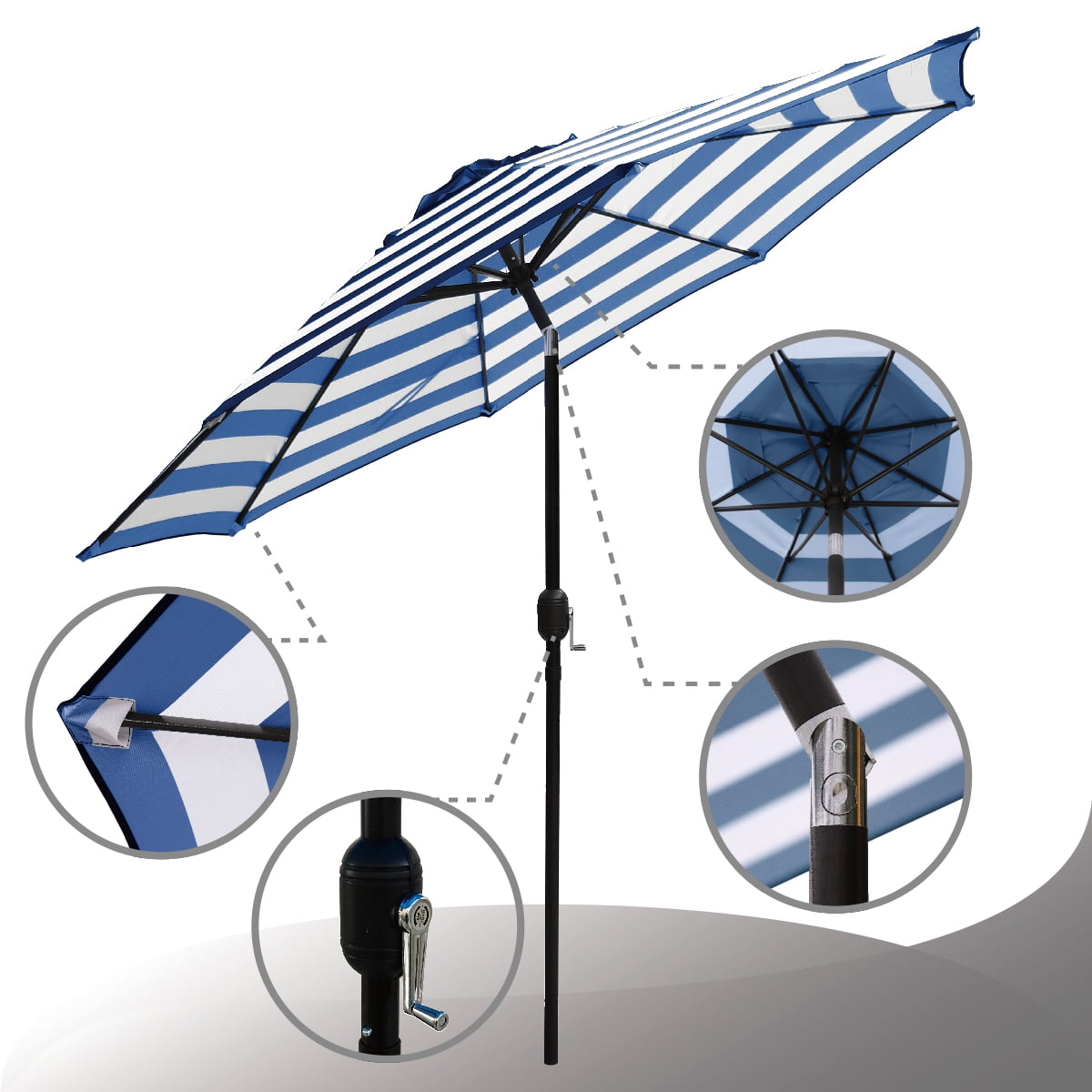 Kool Outdoor 9ft Patio Umbrella with Crank Handle and Push Button Tilt, Outdoor Market Umbrella with 8 Ribs - Blue Stripe