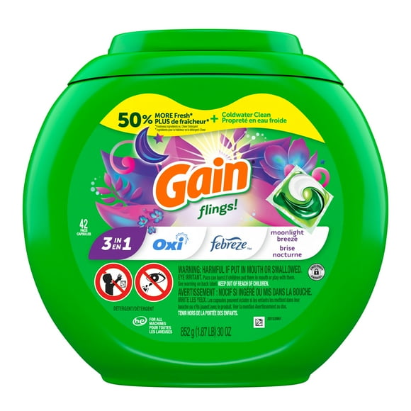 Gain Flings Laundry Detergent Pacs, Moonlight Breeze Scent, 3 in 1 HE Detergent Pacs with Oxi Boost and Febreeze, 42 Count