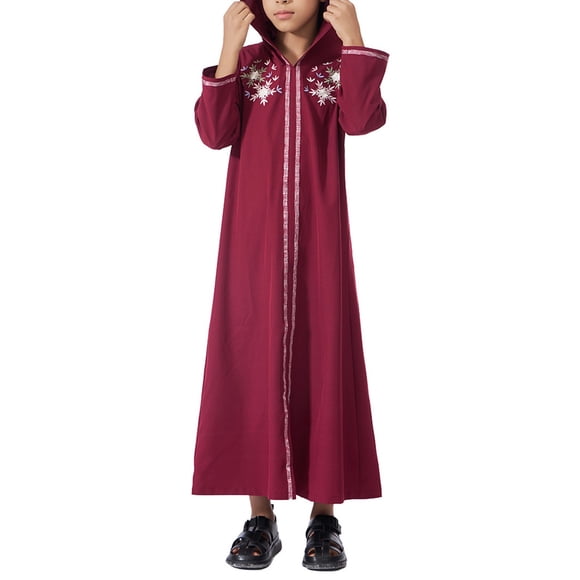 LIJCC Girls' Muslim Modest Hooded Maxi Gown - 3/4 Sleeve Embroidered Accent Dress with Trim Details, Comfortable Fabric for Religious Gatherings & Daily Wear